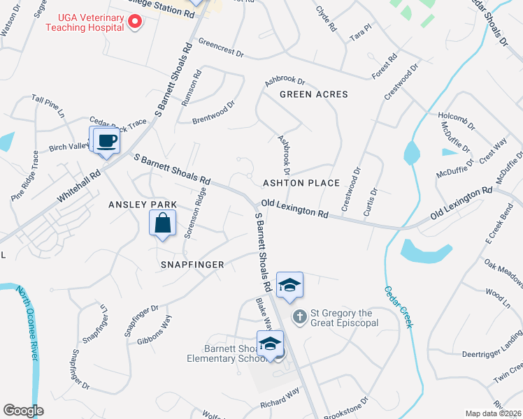 map of restaurants, bars, coffee shops, grocery stores, and more near 3025 South Barnett Shoals Road in Athens