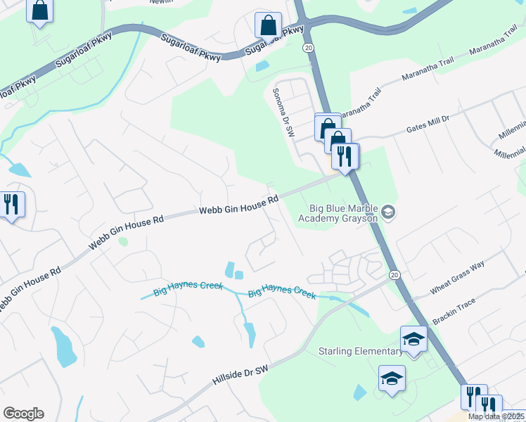 map of restaurants, bars, coffee shops, grocery stores, and more near 602 Webb Gin House Road in Lawrenceville