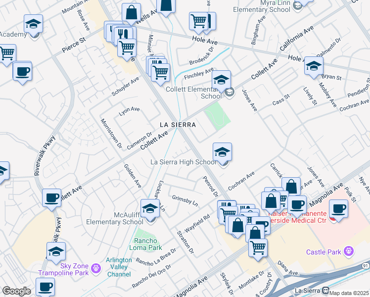 map of restaurants, bars, coffee shops, grocery stores, and more near 4255 Vermilion Court in Riverside