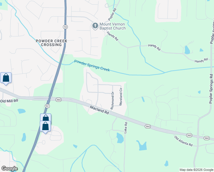map of restaurants, bars, coffee shops, grocery stores, and more near 387 Moreland Circle in Hiram