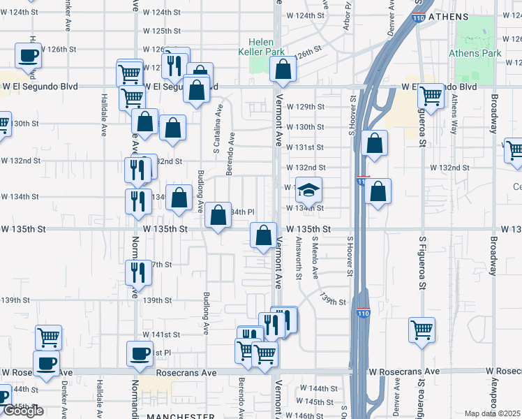 map of restaurants, bars, coffee shops, grocery stores, and more near 13418 South New Hampshire Avenue in Gardena