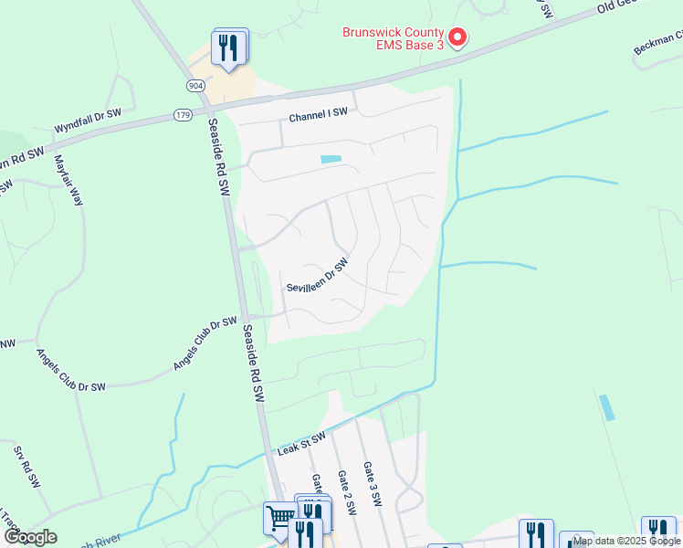 map of restaurants, bars, coffee shops, grocery stores, and more near 7078 Sevilleen Street Southwest in Ocean Isle Beach