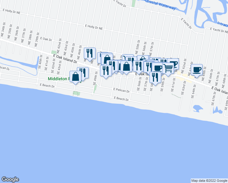 map of restaurants, bars, coffee shops, grocery stores, and more near 5203 East Pelican Drive in Oak Island