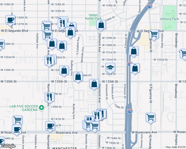 map of restaurants, bars, coffee shops, grocery stores, and more near 13418 South New Hampshire Avenue in Gardena
