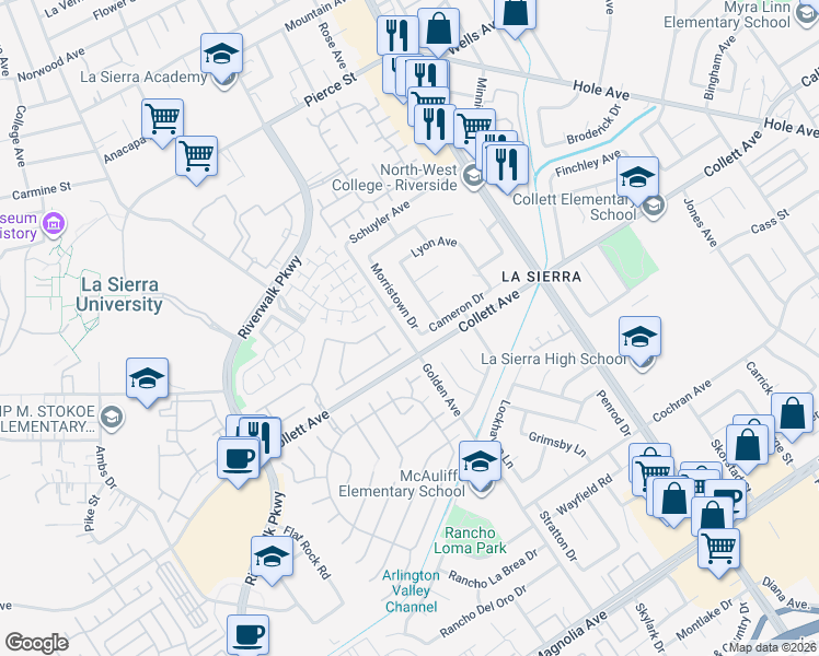 map of restaurants, bars, coffee shops, grocery stores, and more near 4342 Blueridge Drive in Riverside