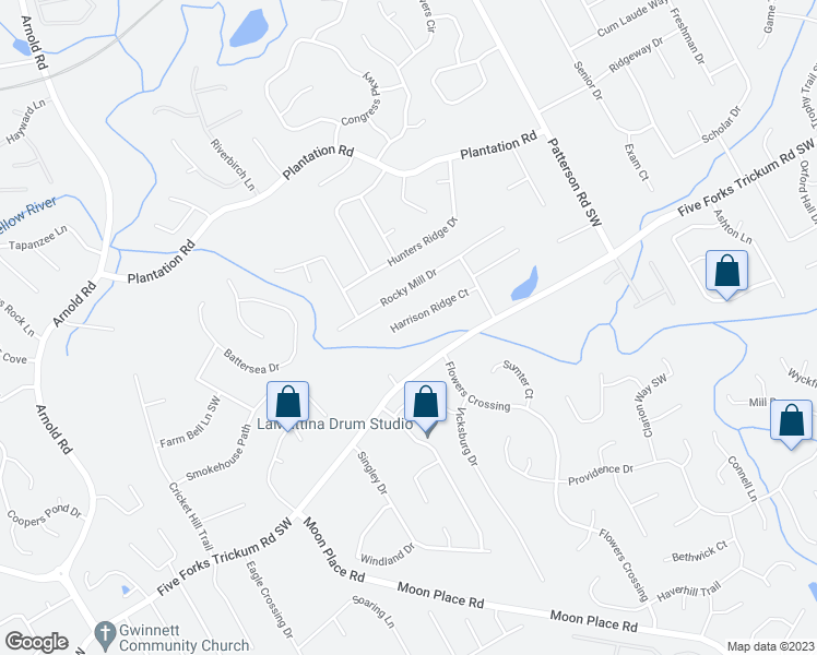 map of restaurants, bars, coffee shops, grocery stores, and more near 2110 Harrison Ridge Court in Lawrenceville