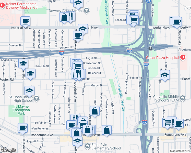 map of restaurants, bars, coffee shops, grocery stores, and more near 10262 Belcher Street in Downey