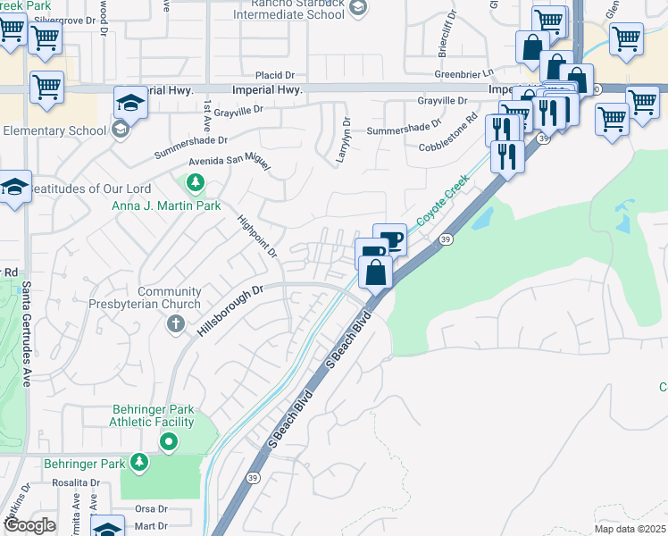 map of restaurants, bars, coffee shops, grocery stores, and more near 13310 Sandown Court in La Mirada
