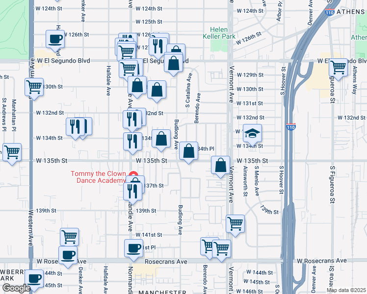 map of restaurants, bars, coffee shops, grocery stores, and more near 13412 Budlong Avenue in Gardena