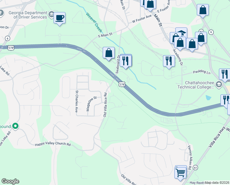 map of restaurants, bars, coffee shops, grocery stores, and more near 1225 Old Villa Rica Road in Dallas