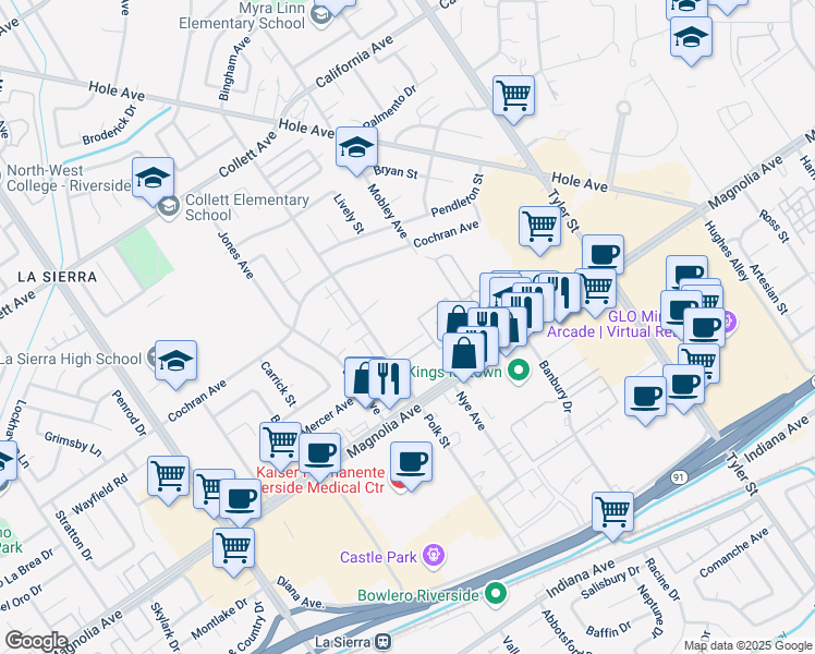 map of restaurants, bars, coffee shops, grocery stores, and more near 3891 Polk Street in Riverside