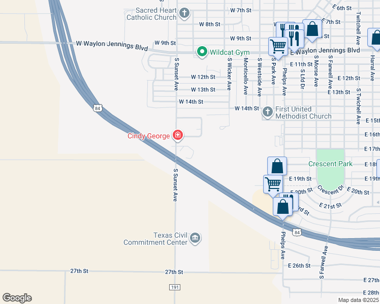map of restaurants, bars, coffee shops, grocery stores, and more near 1600-1698 South Sunset Avenue in Littlefield