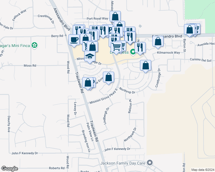 map of restaurants, bars, coffee shops, grocery stores, and more near 7871 Mission Grove Parkway South in Riverside