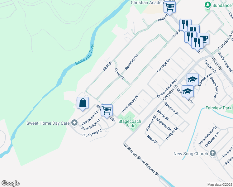 map of restaurants, bars, coffee shops, grocery stores, and more near 5451 Roundup Road in Norco