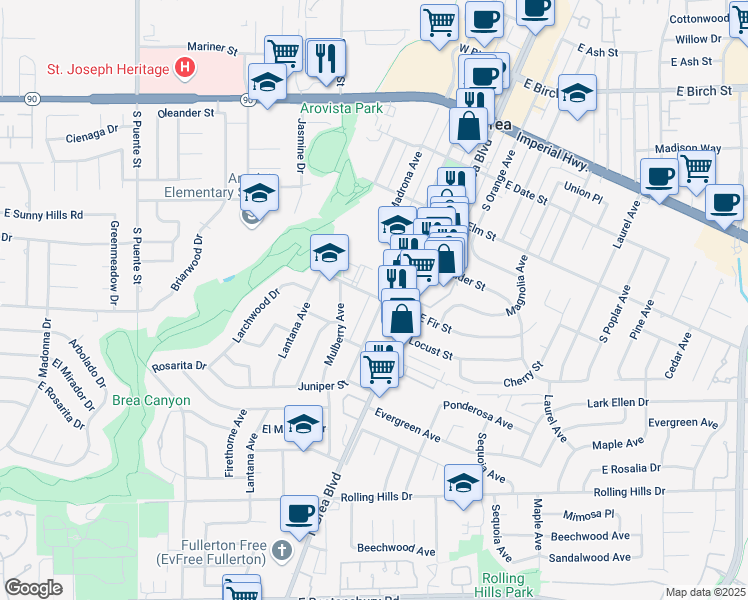 map of restaurants, bars, coffee shops, grocery stores, and more near 216 West Fir Street in Brea