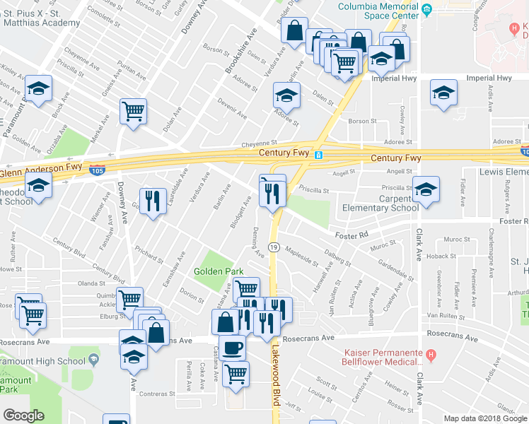 map of restaurants, bars, coffee shops, grocery stores, and more near 13105 Lakewood Boulevard in Downey