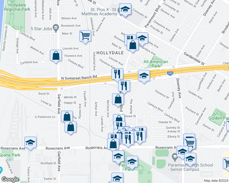 map of restaurants, bars, coffee shops, grocery stores, and more near 13801 Paramount Boulevard in Paramount