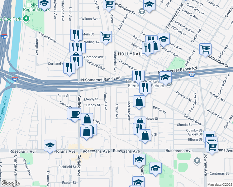 map of restaurants, bars, coffee shops, grocery stores, and more near 13813 Arthur Avenue in Paramount