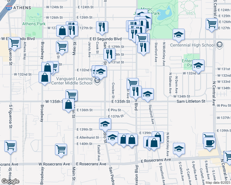 map of restaurants, bars, coffee shops, grocery stores, and more near 13339 Towne Avenue in Los Angeles