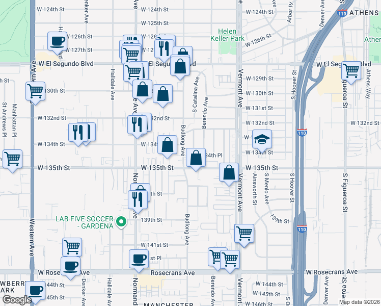 map of restaurants, bars, coffee shops, grocery stores, and more near 13412 Budlong Avenue in Gardena