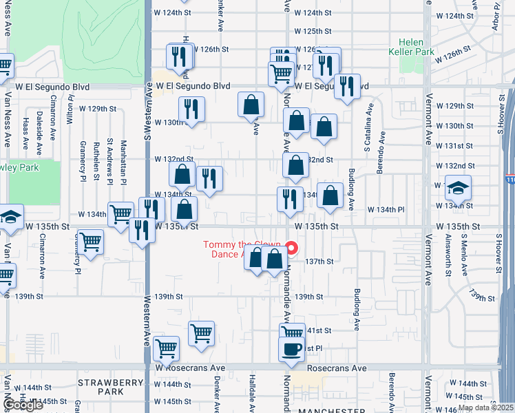 map of restaurants, bars, coffee shops, grocery stores, and more near 1452 West 134th Street in Gardena