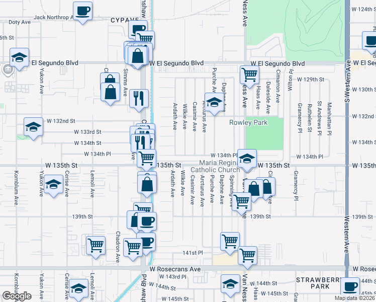 map of restaurants, bars, coffee shops, grocery stores, and more near 13401 Wilkie Avenue in Gardena