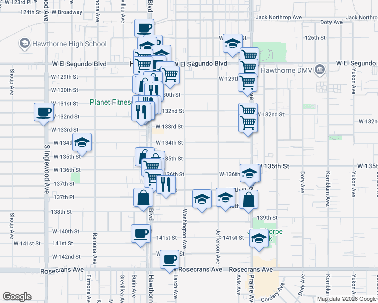 map of restaurants, bars, coffee shops, grocery stores, and more near 4218 West 134th Street in Hawthorne