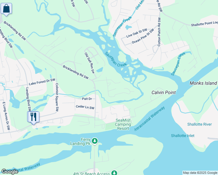 map of restaurants, bars, coffee shops, grocery stores, and more near 4746 Ibis Circle Southwest in Shallotte