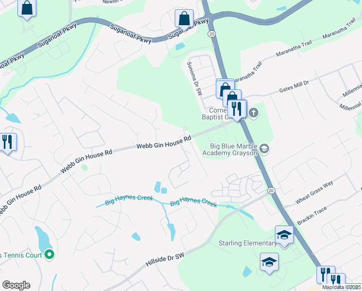 map of restaurants, bars, coffee shops, grocery stores, and more near 586 Webb Gin House Road in Lawrenceville