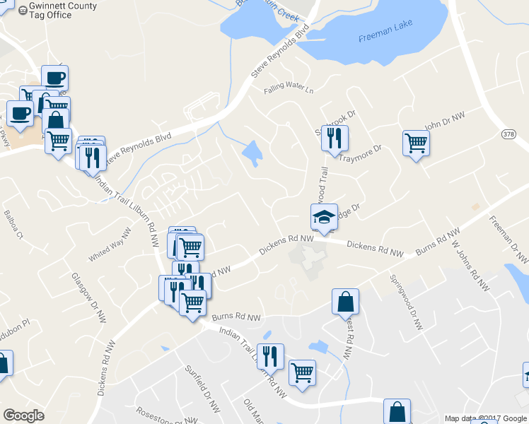 map of restaurants, bars, coffee shops, grocery stores, and more near 942 Park Forest Drive Northwest in Lilburn