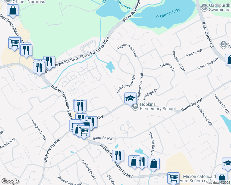 map of restaurants, bars, coffee shops, grocery stores, and more near 942 Park Forest Drive Northwest in Lilburn