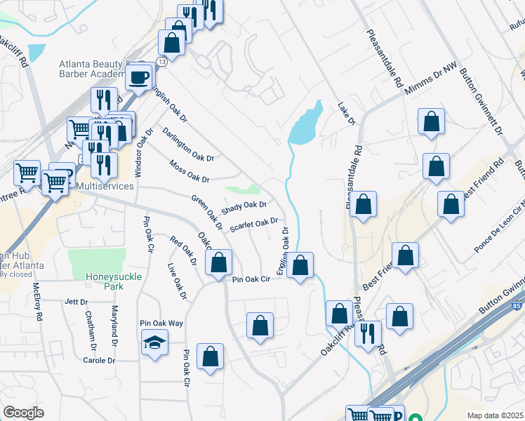 map of restaurants, bars, coffee shops, grocery stores, and more near 3317 Shady Oak Drive in Doraville
