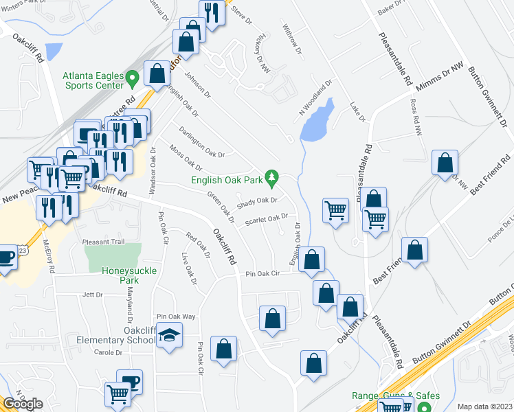 map of restaurants, bars, coffee shops, grocery stores, and more near 3291 Shady Oak Drive in Doraville
