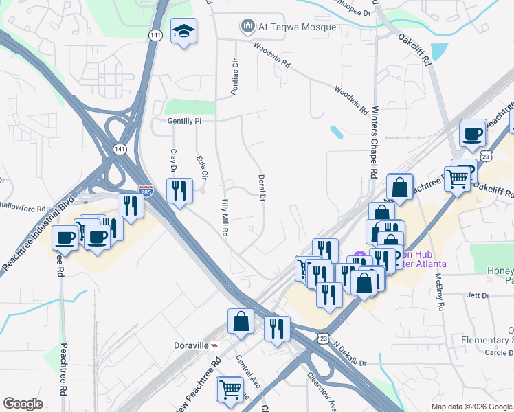 map of restaurants, bars, coffee shops, grocery stores, and more near 2689 Harber Valley Drive in Atlanta