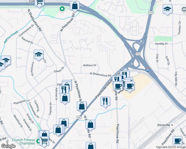 map of restaurants, bars, coffee shops, grocery stores, and more near 2296 North Shallowford Road in Chamblee