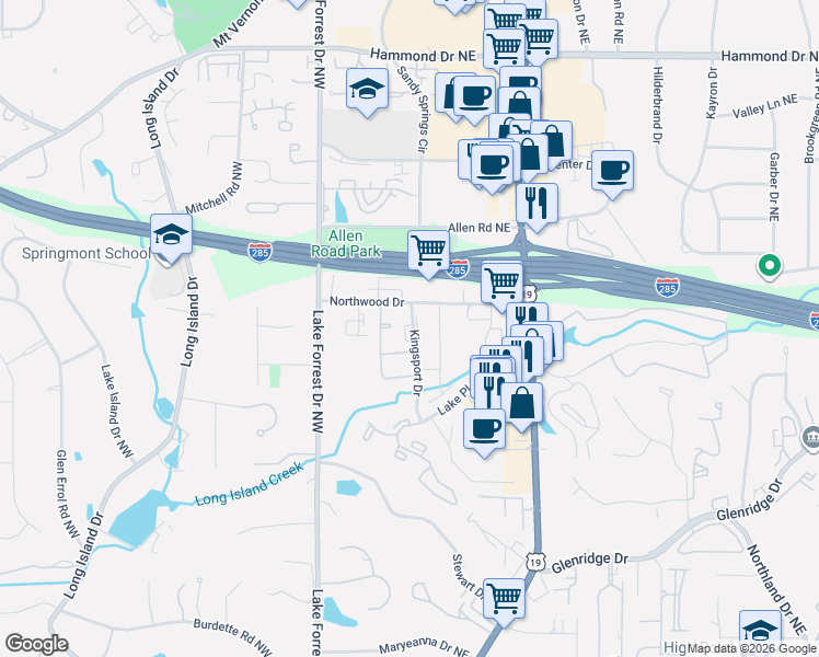map of restaurants, bars, coffee shops, grocery stores, and more near 5676 Kingsport Drive in Atlanta