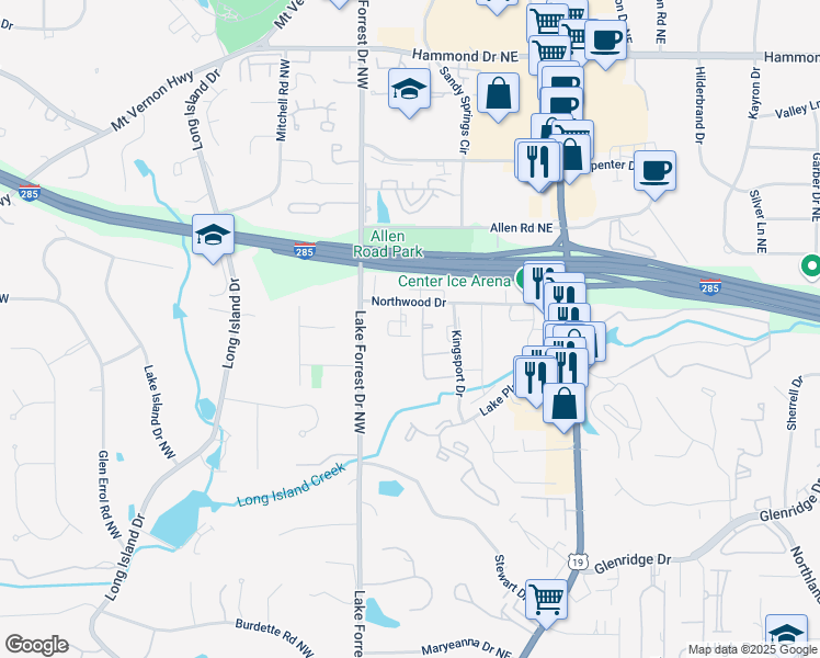 map of restaurants, bars, coffee shops, grocery stores, and more near 55 Northwood Drive in Atlanta
