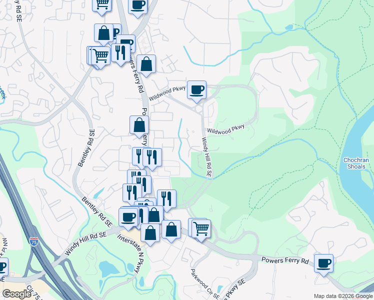 map of restaurants, bars, coffee shops, grocery stores, and more near 1736 Woodwalk Creek in Atlanta