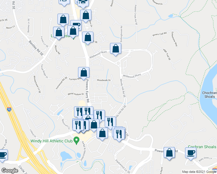 map of restaurants, bars, coffee shops, grocery stores, and more near 3098 Woodwalk Drive in Atlanta