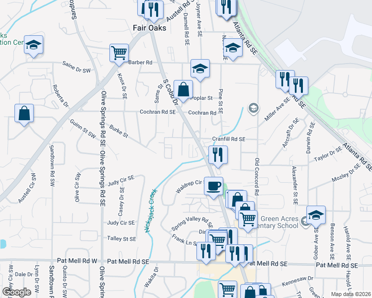 map of restaurants, bars, coffee shops, grocery stores, and more near 1757 Oak Street Southeast in Marietta