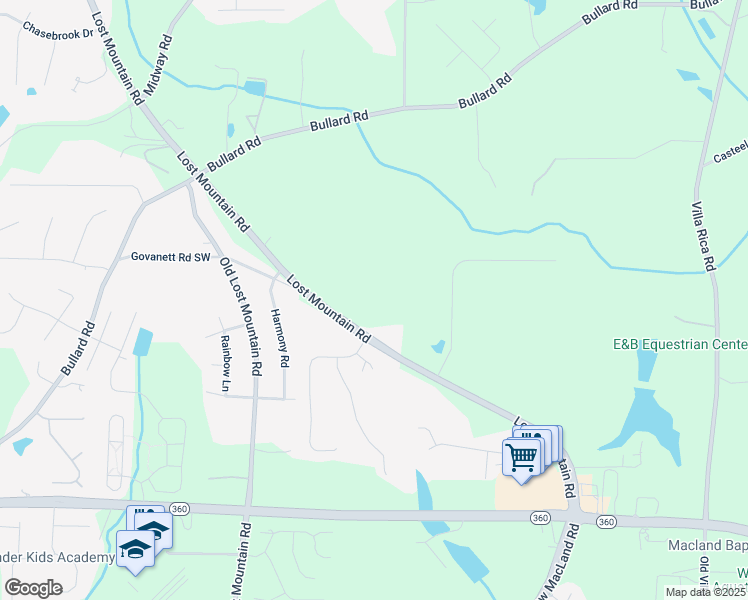 map of restaurants, bars, coffee shops, grocery stores, and more near 1830 Lost Mountain Road in Powder Springs