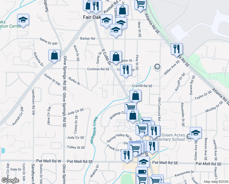 map of restaurants, bars, coffee shops, grocery stores, and more near 1757 Oak Street Southeast in Marietta