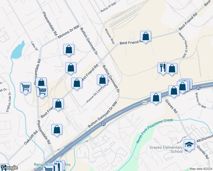 map of restaurants, bars, coffee shops, grocery stores, and more near 6934 Piedmont Court Northwest in Atlanta