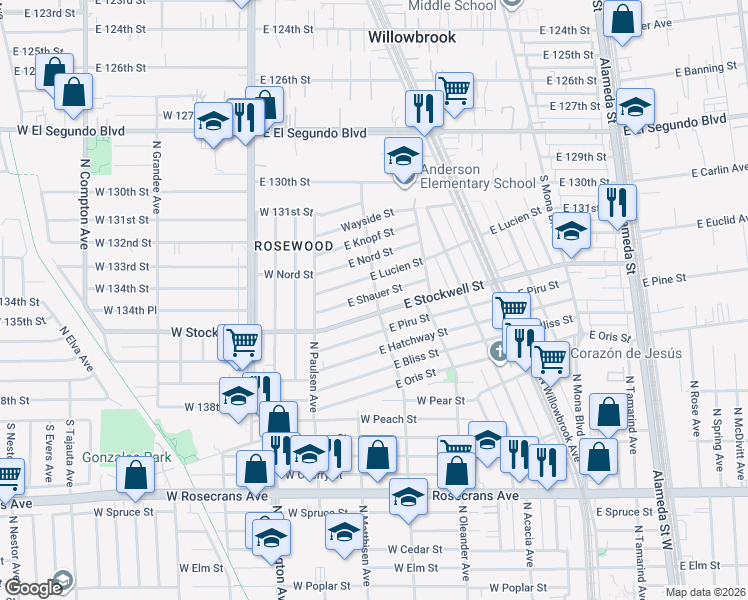map of restaurants, bars, coffee shops, grocery stores, and more near 2074 East Shauer Street in Compton