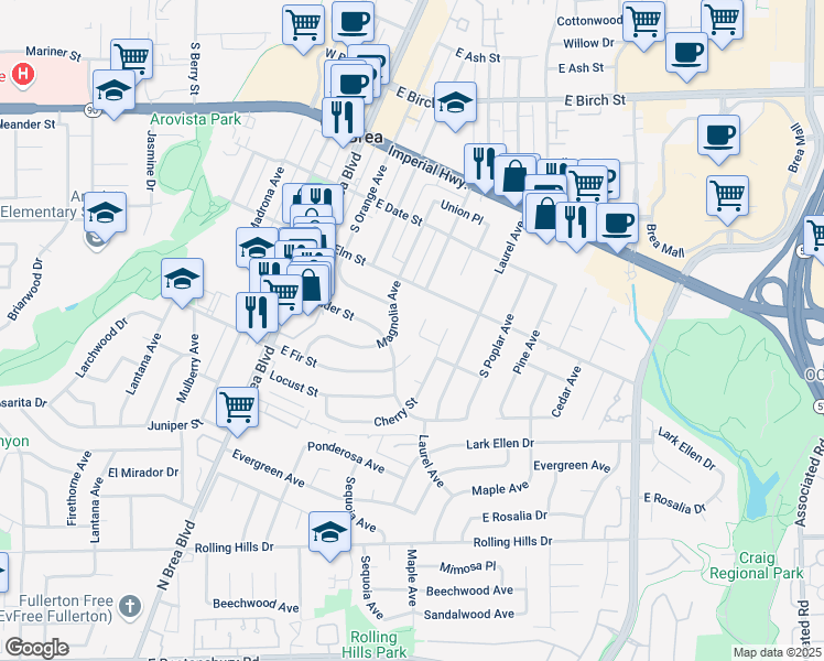 map of restaurants, bars, coffee shops, grocery stores, and more near 539 Peach Avenue in Brea