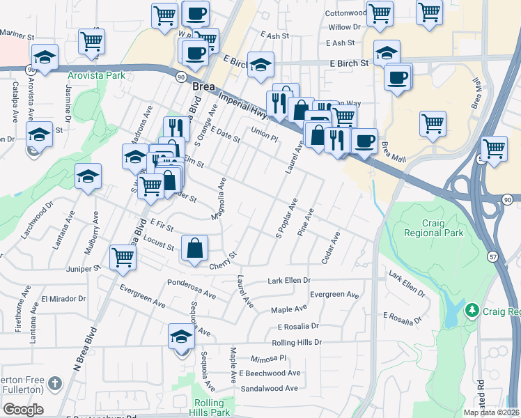 map of restaurants, bars, coffee shops, grocery stores, and more near 650 Cherry Street in Brea