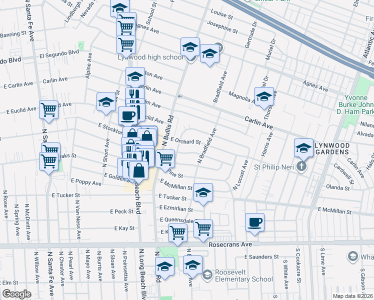 map of restaurants, bars, coffee shops, grocery stores, and more near 1608 East Orchard Street in Compton