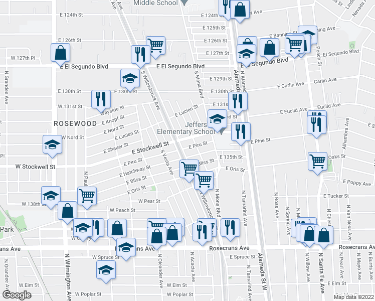 map of restaurants, bars, coffee shops, grocery stores, and more near 2326 East Piru Street in Compton