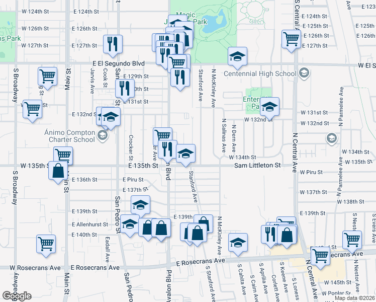 map of restaurants, bars, coffee shops, grocery stores, and more near 13337 Stanford Avenue in Los Angeles