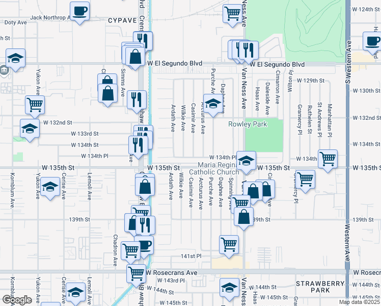 map of restaurants, bars, coffee shops, grocery stores, and more near 13409 Casimir Avenue in Gardena